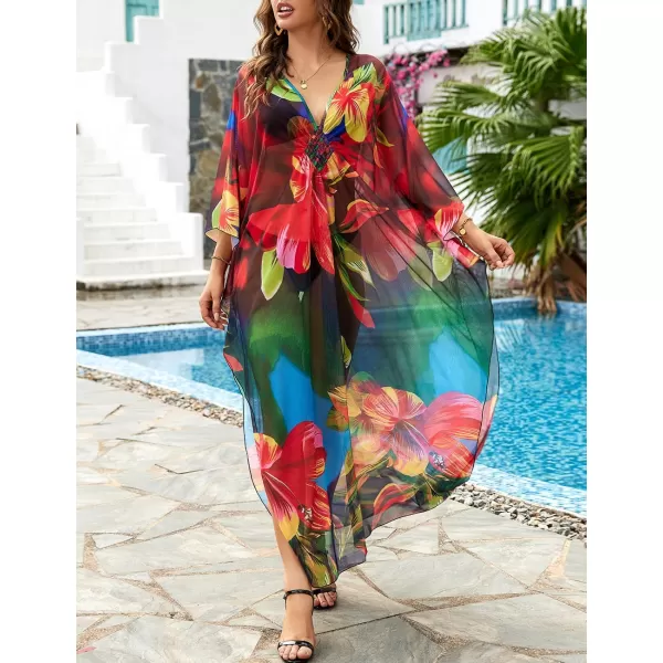 Bsubseach Women Ethnic Print Kaftan Beach Dress Mesh Sheer Swimsuit Cover Up Plus Size Caftan Dress