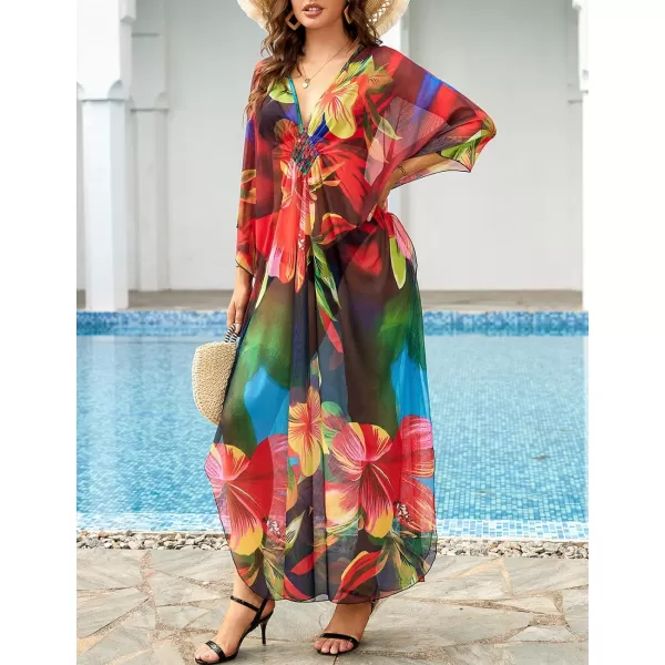 Bsubseach Women Ethnic Print Kaftan Beach Dress Mesh Sheer Swimsuit Cover Up Plus Size Caftan Dress