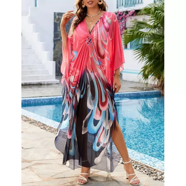 Bsubseach Women Ethnic Print Kaftan Beach Dress Mesh Sheer Swimsuit Cover Up Plus Size Caftan Dress