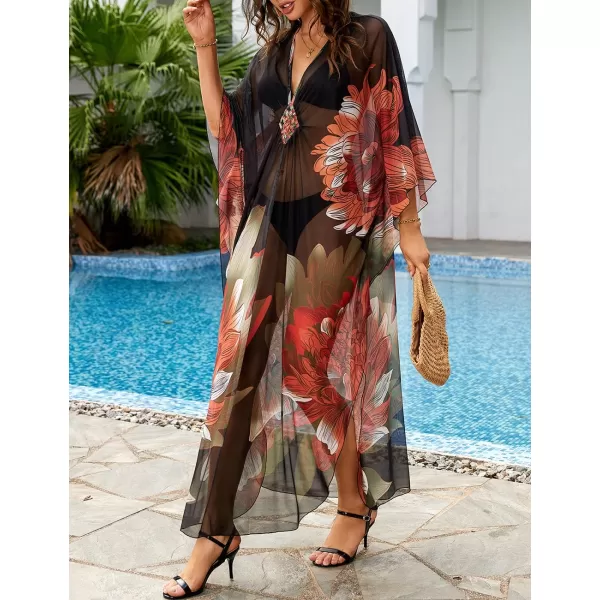 Bsubseach Women Ethnic Print Kaftan Beach Dress Mesh Sheer Swimsuit Cover Up Plus Size Caftan Dress