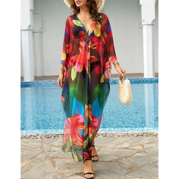 Bsubseach Women Ethnic Print Kaftan Beach Dress Mesh Sheer Swimsuit Cover Up Plus Size Caftan Dress