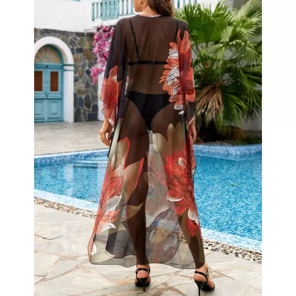 Bsubseach Women Ethnic Print Kaftan Beach Dress Mesh Sheer Swimsuit Cover Up Plus Size Caftan Dress