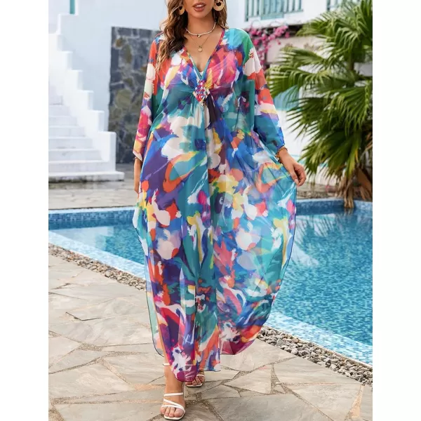 Bsubseach Women Ethnic Print Kaftan Beach Dress Mesh Sheer Swimsuit Cover Up Plus Size Caftan Dress