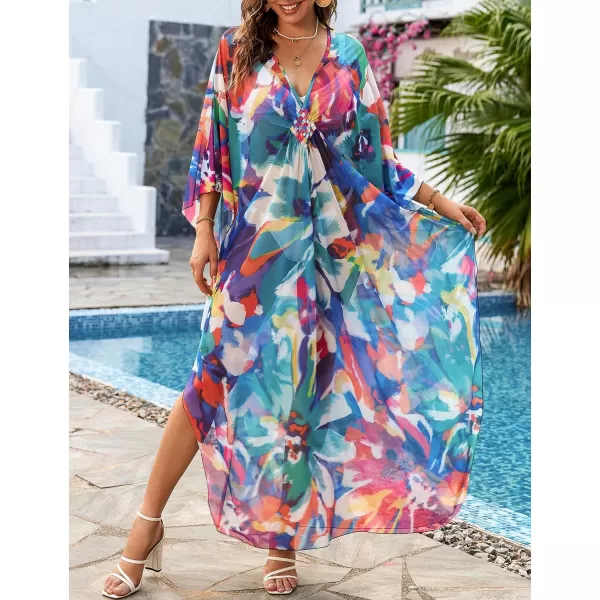 Bsubseach Women Ethnic Print Kaftan Beach Dress Mesh Sheer Swimsuit Cover Up Plus Size Caftan Dress
