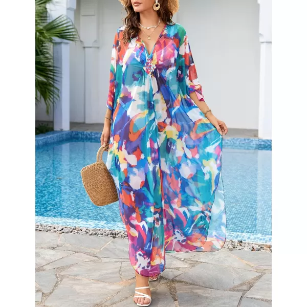 Bsubseach Women Ethnic Print Kaftan Beach Dress Mesh Sheer Swimsuit Cover Up Plus Size Caftan Dress