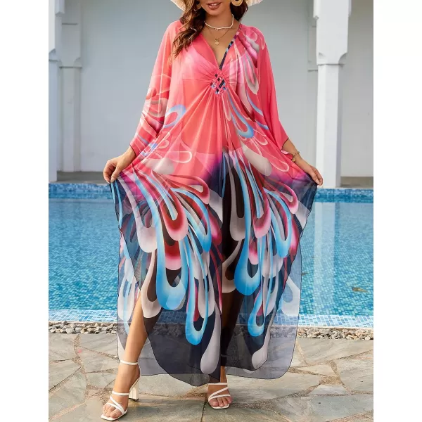 Bsubseach Women Ethnic Print Kaftan Beach Dress Mesh Sheer Swimsuit Cover Up Plus Size Caftan Dress