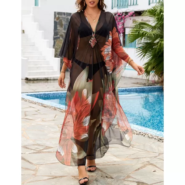 Bsubseach Women Ethnic Print Kaftan Beach Dress Mesh Sheer Swimsuit Cover Up Plus Size Caftan Dress