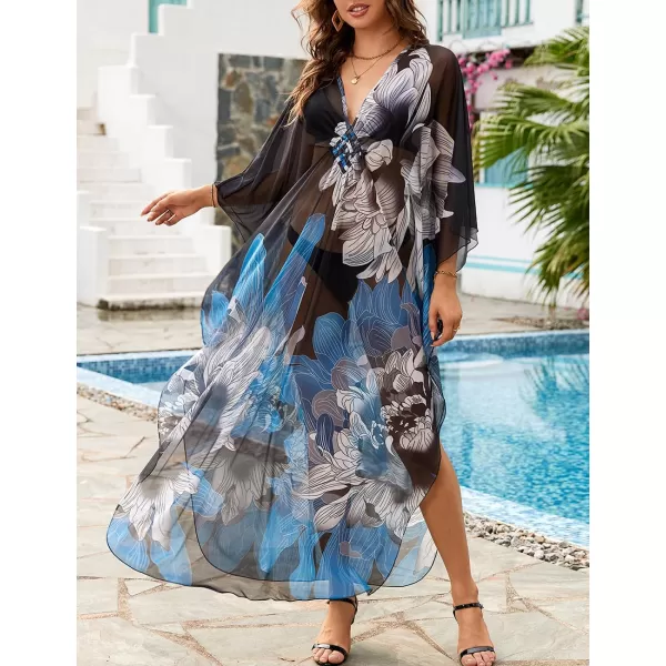 Bsubseach Women Ethnic Print Kaftan Beach Dress Mesh Sheer Swimsuit Cover Up Plus Size Caftan Dress