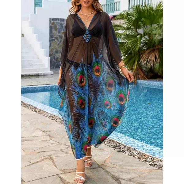 Bsubseach Women Ethnic Print Kaftan Beach Dress Mesh Sheer Swimsuit Cover Up Plus Size Caftan Dress
