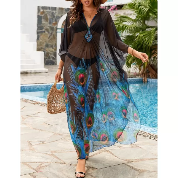 Bsubseach Women Ethnic Print Kaftan Beach Dress Mesh Sheer Swimsuit Cover Up Plus Size Caftan Dress