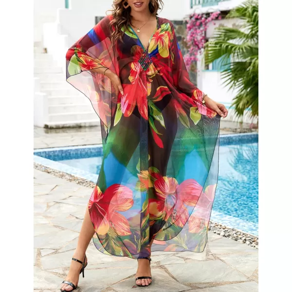 Bsubseach Women Ethnic Print Kaftan Beach Dress Mesh Sheer Swimsuit Cover Up Plus Size Caftan Dress