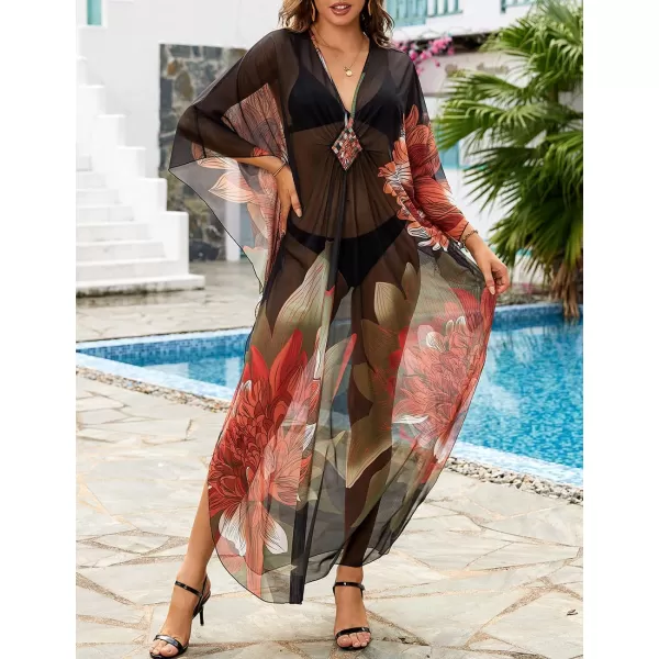 Bsubseach Women Ethnic Print Kaftan Beach Dress Mesh Sheer Swimsuit Cover Up Plus Size Caftan Dress