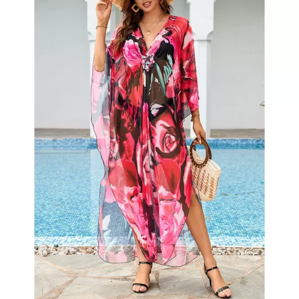 Bsubseach Women Ethnic Print Kaftan Beach Dress Mesh Sheer Swimsuit Cover Up Plus Size Caftan Dress