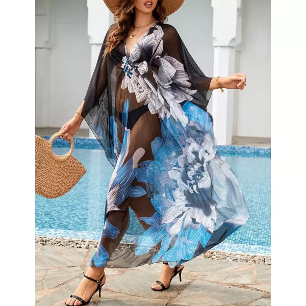 Bsubseach Women Ethnic Print Kaftan Beach Dress Mesh Sheer Swimsuit Cover Up Plus Size Caftan Dress