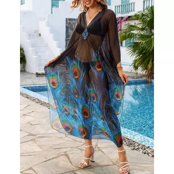 Bsubseach Women Ethnic Print Kaftan Beach Dress Mesh Sheer Swimsuit Cover Up Plus Size Caftan Dress