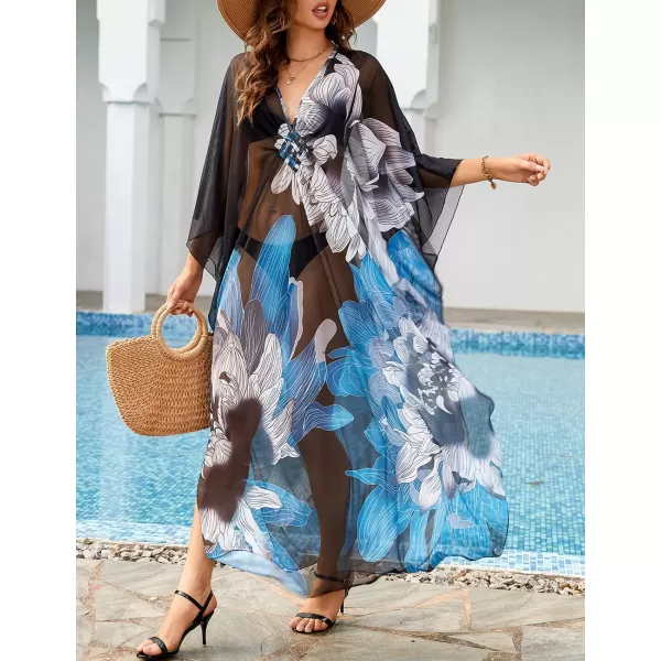 Bsubseach Women Ethnic Print Kaftan Beach Dress Mesh Sheer Swimsuit Cover Up Plus Size Caftan Dress