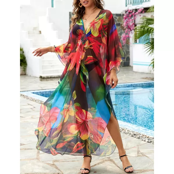 Bsubseach Women Ethnic Print Kaftan Beach Dress Mesh Sheer Swimsuit Cover Up Plus Size Caftan Dress