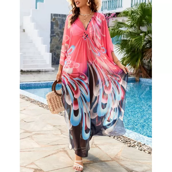 Bsubseach Women Ethnic Print Kaftan Beach Dress Mesh Sheer Swimsuit Cover Up Plus Size Caftan Dress