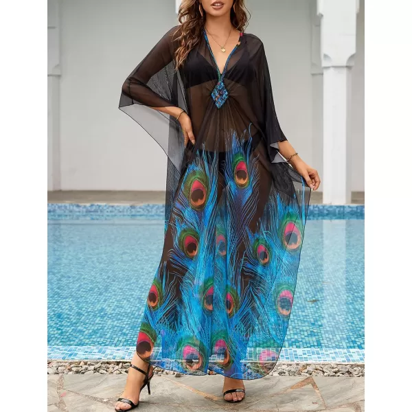 Bsubseach Women Ethnic Print Kaftan Beach Dress Mesh Sheer Swimsuit Cover Up Plus Size Caftan Dress