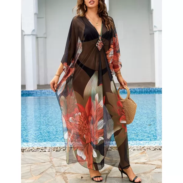 Bsubseach Women Ethnic Print Kaftan Beach Dress Mesh Sheer Swimsuit Cover Up Plus Size Caftan Dress