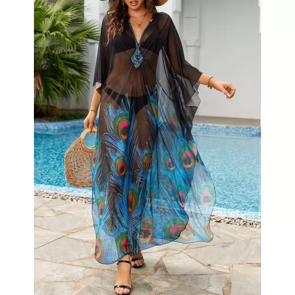 Bsubseach Women Ethnic Print Kaftan Beach Dress Mesh Sheer Swimsuit Cover Up Plus Size Caftan Dress