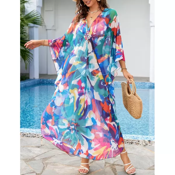 Bsubseach Women Ethnic Print Kaftan Beach Dress Mesh Sheer Swimsuit Cover Up Plus Size Caftan Dress