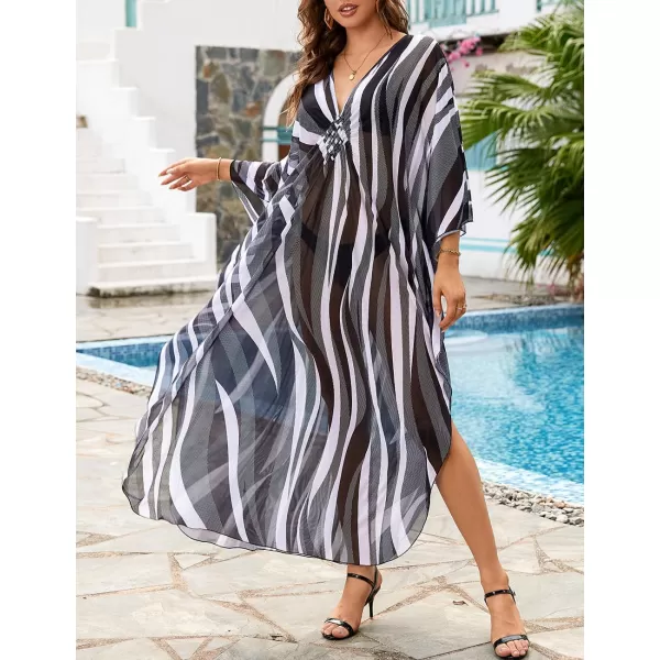 Bsubseach Women Ethnic Print Kaftan Beach Dress Mesh Sheer Swimsuit Cover Up Plus Size Caftan Dress