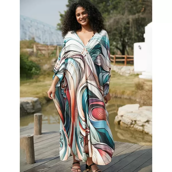 Bsubseach Women Ethnic Print Kaftan Beach Dress Plus Size Swimsuit Cover Up