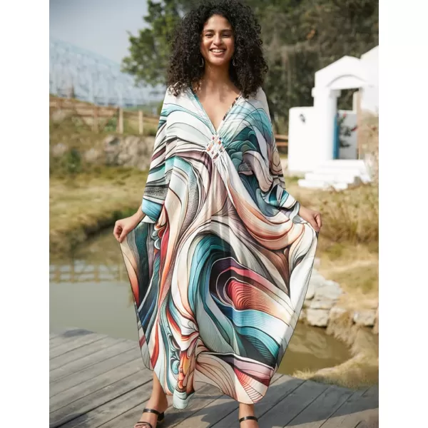 Bsubseach Women Ethnic Print Kaftan Beach Dress Plus Size Swimsuit Cover Up