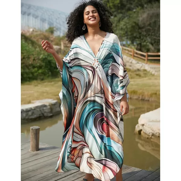 Bsubseach Women Ethnic Print Kaftan Beach Dress Plus Size Swimsuit Cover Up