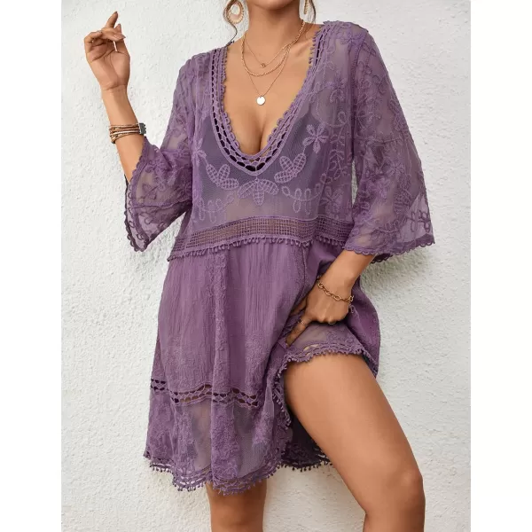 Bsubseach Women Lace Embroidered Swimsuit Cover Up Hollow Out Beach Dress Bikini Coverup