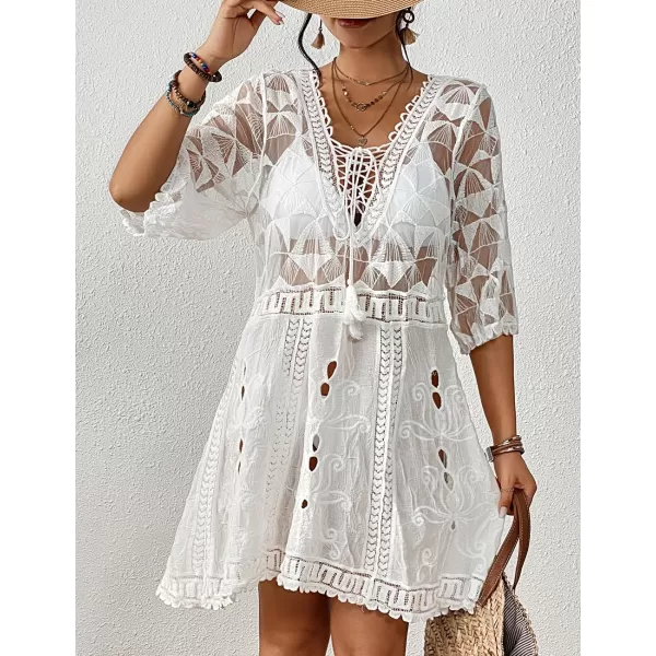 Bsubseach Women Lace Embroidered Swimsuit Cover Up Hollow Out Beach Dress Bikini Coverup