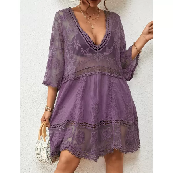 Bsubseach Women Lace Embroidered Swimsuit Cover Up Hollow Out Beach Dress Bikini Coverup