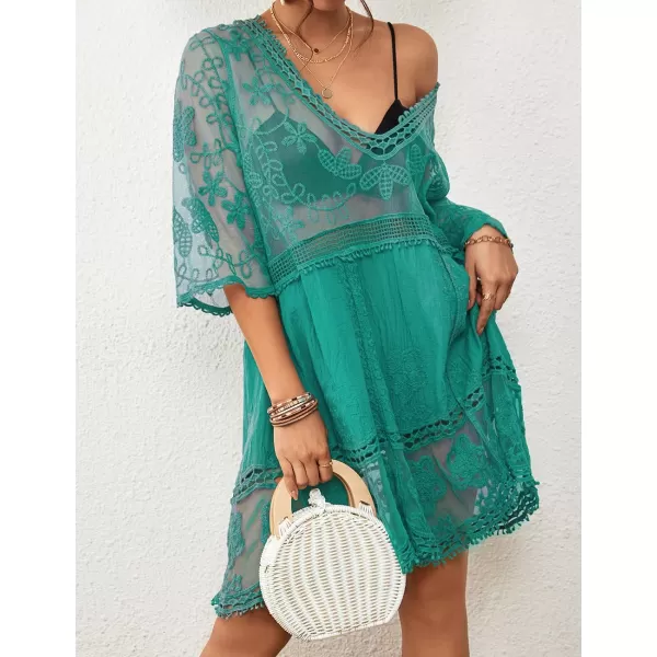 Bsubseach Women Lace Embroidered Swimsuit Cover Up Hollow Out Beach Dress Bikini Coverup