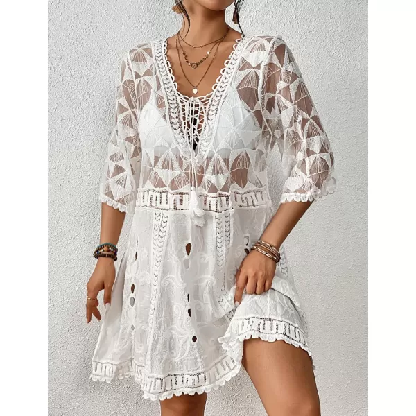 Bsubseach Women Lace Embroidered Swimsuit Cover Up Hollow Out Beach Dress Bikini Coverup