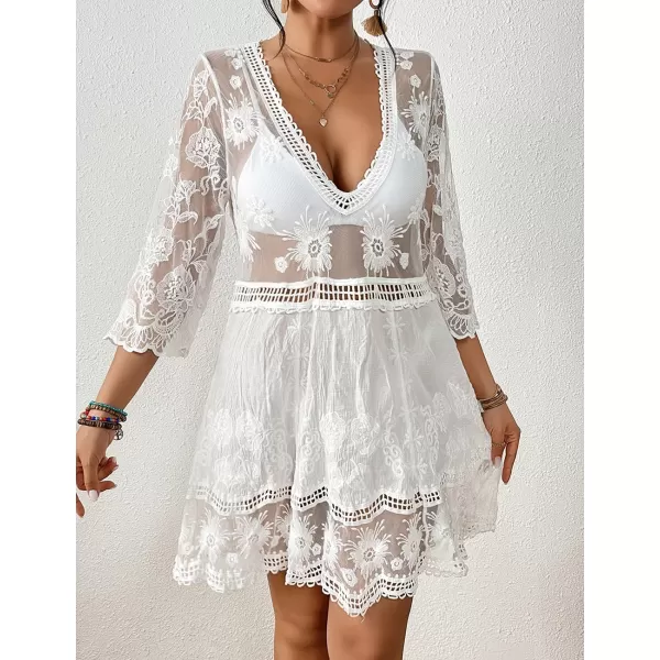 Bsubseach Women Lace Embroidered Swimsuit Cover Up Hollow Out Beach Dress Bikini Coverup