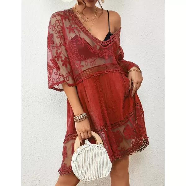 Bsubseach Women Lace Embroidered Swimsuit Cover Up Hollow Out Beach Dress Bikini Coverup