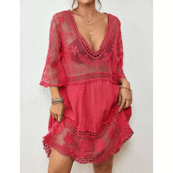 Bsubseach Women Lace Embroidered Swimsuit Cover Up Hollow Out Beach Dress Bikini Coverup