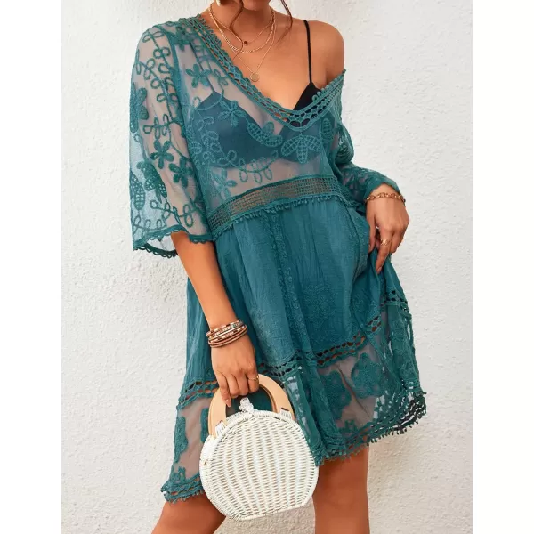 Bsubseach Women Lace Embroidered Swimsuit Cover Up Hollow Out Beach Dress Bikini Coverup