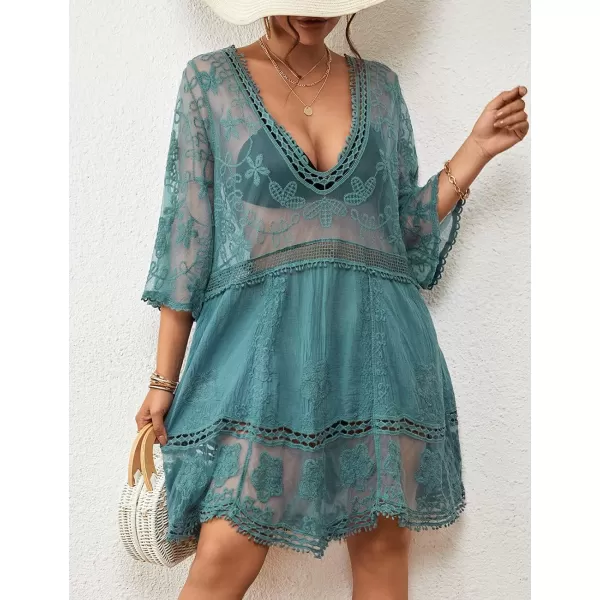 Bsubseach Women Lace Embroidered Swimsuit Cover Up Hollow Out Beach Dress Bikini Coverup