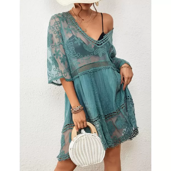 Bsubseach Women Lace Embroidered Swimsuit Cover Up Hollow Out Beach Dress Bikini Coverup