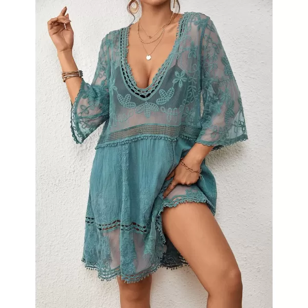 Bsubseach Women Lace Embroidered Swimsuit Cover Up Hollow Out Beach Dress Bikini Coverup