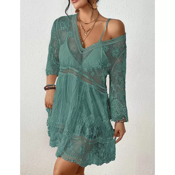 Bsubseach Women Lace Embroidered Swimsuit Cover Up Hollow Out Beach Dress Bikini Coverup
