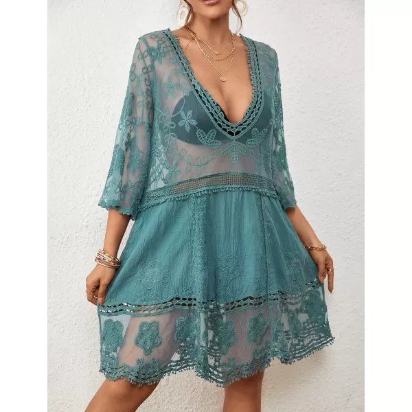 Bsubseach Women Lace Embroidered Swimsuit Cover Up Hollow Out Beach Dress Bikini Coverup
