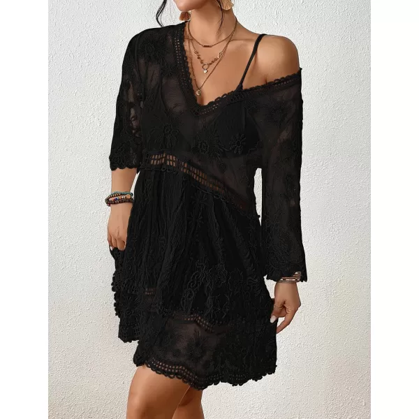 Bsubseach Women Lace Embroidered Swimsuit Cover Up Hollow Out Beach Dress Bikini Coverup