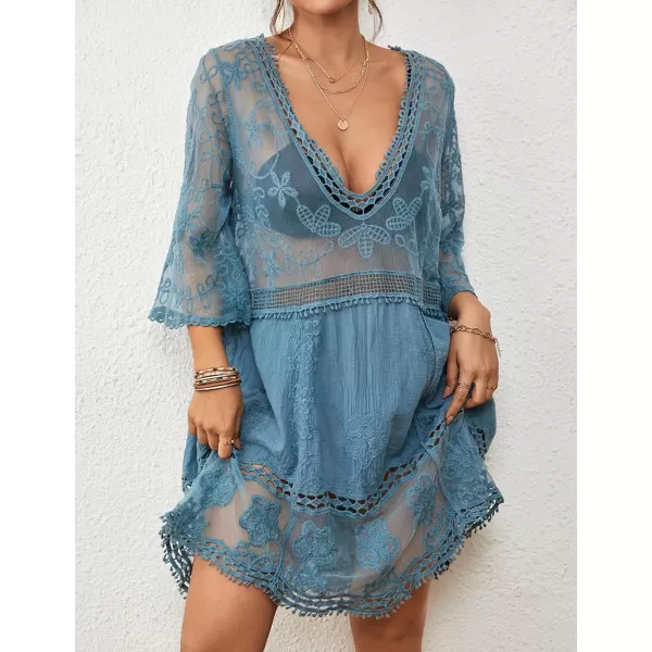 Bsubseach Women Lace Embroidered Swimsuit Cover Up Hollow Out Beach Dress Bikini Coverup