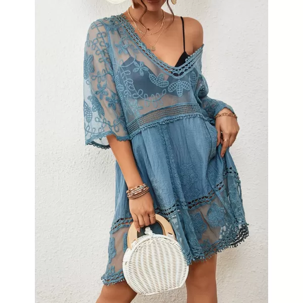 Bsubseach Women Lace Embroidered Swimsuit Cover Up Hollow Out Beach Dress Bikini Coverup