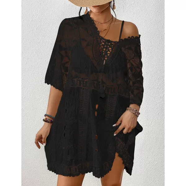 Bsubseach Women Lace Embroidered Swimsuit Cover Up Hollow Out Beach Dress Bikini Coverup