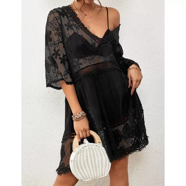 Bsubseach Women Lace Embroidered Swimsuit Cover Up Hollow Out Beach Dress Bikini Coverup