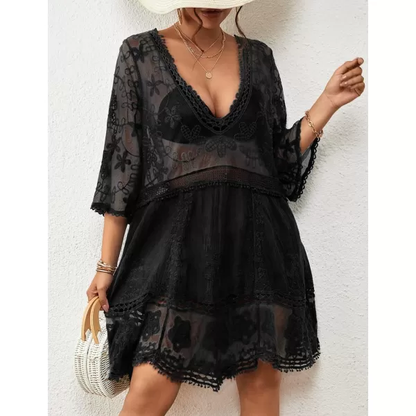 Bsubseach Women Lace Embroidered Swimsuit Cover Up Hollow Out Beach Dress Bikini Coverup